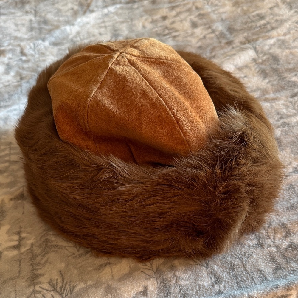 Russian-style Vintage Suede Hat with Fur
